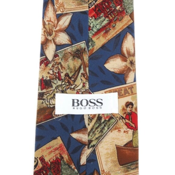 HUGO BOSS Old Timey New York Liberty Gatsby Postcard Blue Men's Silk Neck Tie - Picture 3 of 3
